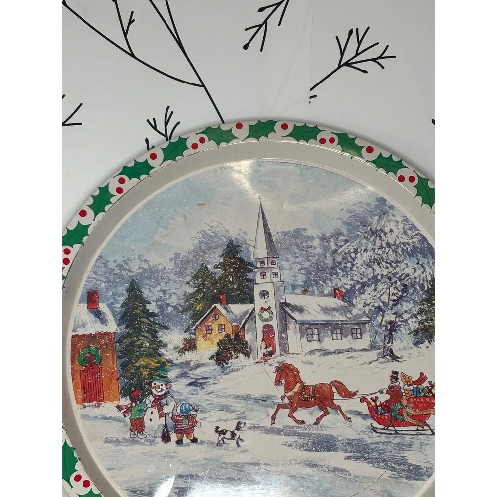 Vintage Christmas Metal Serving Tray Winter Village Scene Horse Sleigh Rite Aid